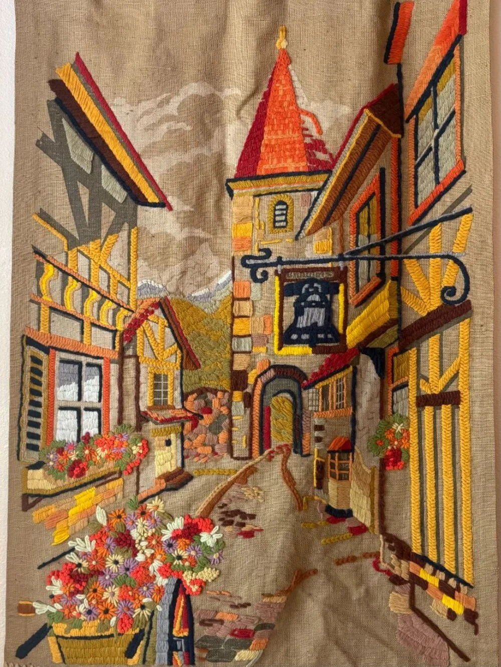 Vintage 1960s - 70s Handmade Wall Tapestry European Town Scene Crewel Embroidery